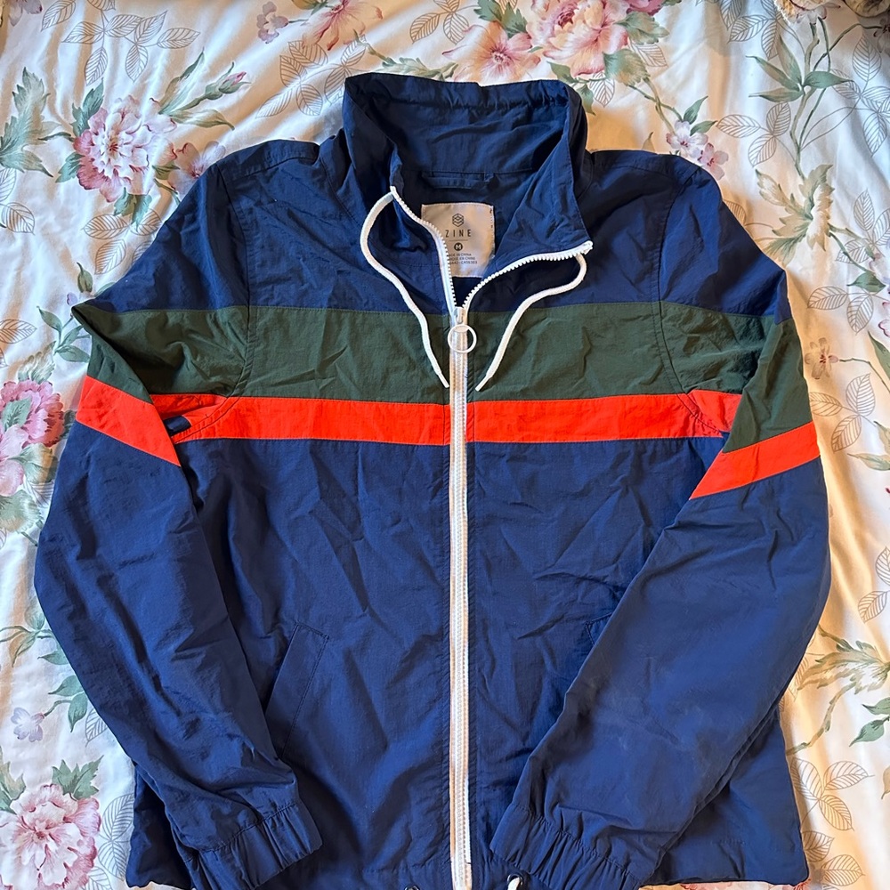 Navy Blue Windbreaker with Red and Green Stripes